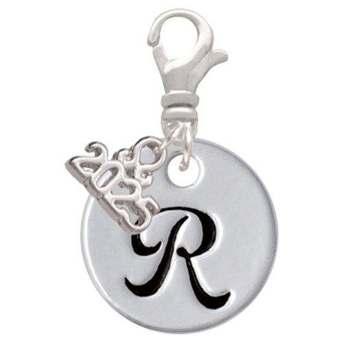 Silver Plated Large Script Letter Disc - R - Silver Plated Clip on Charm with Mini Year 2025: Year to Remember Jewelry Gift - Celebrations