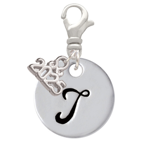 Silver Plated Large Script Letter Disc - T - Silver Plated Clip on Charm with Mini Year 2025: Year to Remember Jewelry Gift - Celebrations