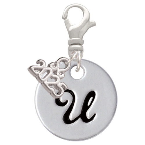 Silver Plated Large Script Letter Disc - U - Silver Plated Clip on Charm with Mini Year 2025: Year to Remember Jewelry Gift - Celebrations