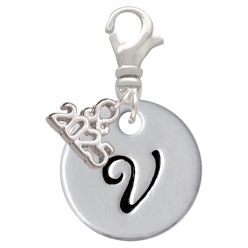 Silver Plated Large Script Letter Disc - V - Silver Plated Clip on Charm with Mini Year 2025: Year to Remember Jewelry Gift - Celebrations