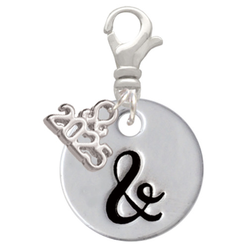 Silver Plated Large Script Letter Disc - & - Silver Plated Clip on Charm with Mini Year 2025: Year to Remember Jewelry Gift - Celebrations