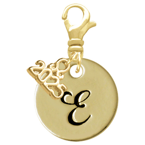 Gold-tone Large Disc Letter - E - Gold-tone Plated Clip on Charm with Mini Year 2025: Year to Remember Jewelry Gift - Celebrations