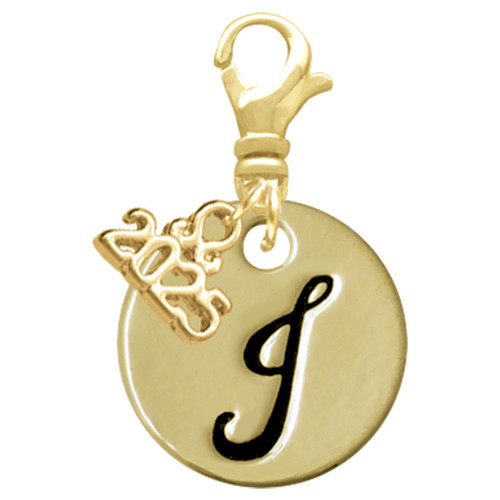 Gold-tone Large Disc Letter - J - Gold-tone Plated Clip on Charm with Mini Year 2025: Year to Remember Jewelry Gift - Celebrations