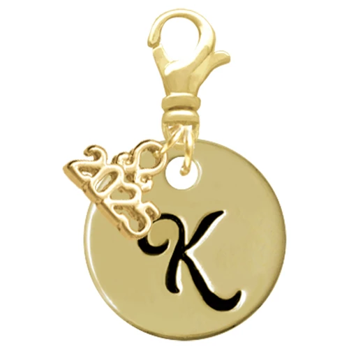 Gold-tone Large Disc Letter - K - Gold-tone Plated Clip on Charm with Mini Year 2025: Year to Remember Jewelry Gift - Celebrations