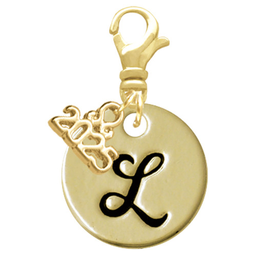 Gold-tone Large Disc Letter - L - Gold-tone Plated Clip on Charm with Mini Year 2025: Year to Remember Jewelry Gift - Celebrations