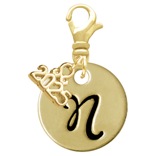 Gold-tone Large Disc Letter - N - Gold-tone Plated Clip on Charm with Mini Year 2025: Year to Remember Jewelry Gift - Celebrations