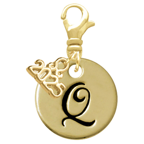 Gold-tone Large Disc Letter - Q - Gold-tone Plated Clip on Charm with Mini Year 2025: Year to Remember Jewelry Gift - Celebrations