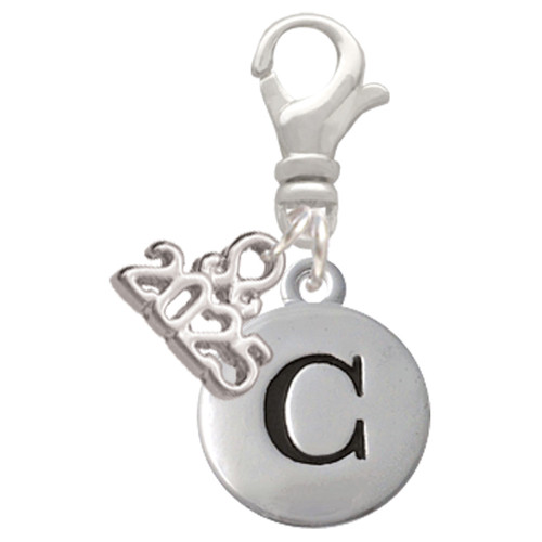 Silver Plated Capital Letter - C - Pebble Disc - Silver Plated Clip on Charm with Mini Year 2025: Year to Remember Jewelry Gift - Celebrations