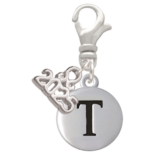 Silver Plated Capital Letter - T - Pebble Disc - Silver Plated Clip on Charm with Mini Year 2025: Year to Remember Jewelry Gift - Celebrations