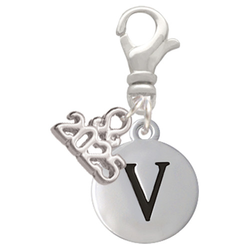 Silver Plated Capital Letter - V - Pebble Disc - Silver Plated Clip on Charm with Mini Year 2025: Year to Remember Jewelry Gift - Celebrations