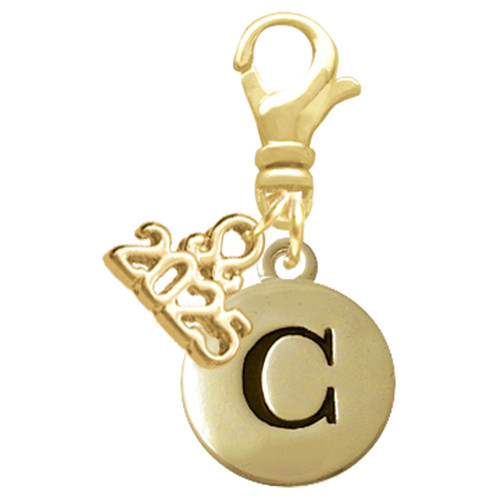 Gold-tone Capital Letter - C - Pebble Disc - Gold-tone Plated Clip on Charm with Mini Year 2025: Year to Remember Jewelry Gift - Celebrations