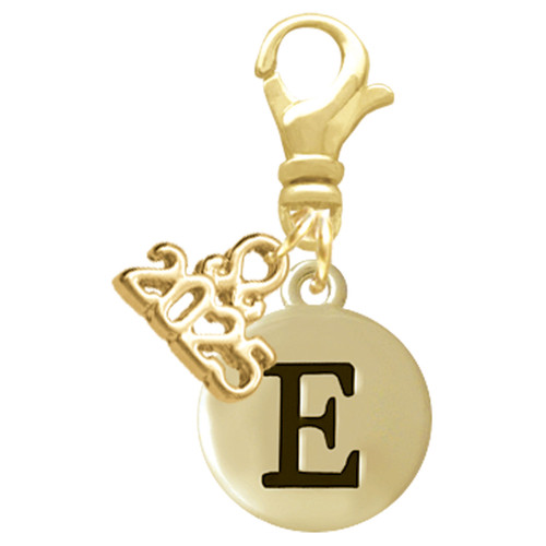 Gold-tone Capital Letter - E - Pebble Disc - Gold-tone Plated Clip on Charm with Mini Year 2025: Year to Remember Jewelry Gift - Celebrations