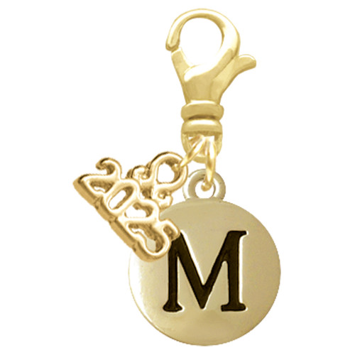 Gold-tone Capital Letter - M - Pebble Disc - Gold-tone Plated Clip on Charm with Mini Year 2025: Year to Remember Jewelry Gift - Celebrations