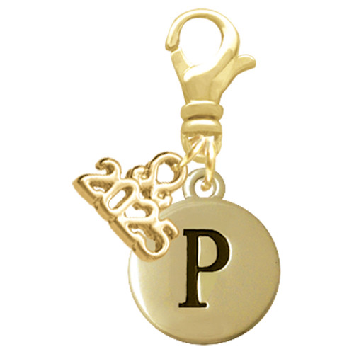 Gold-tone Capital Letter - P - Pebble Disc - Gold-tone Plated Clip on Charm with Mini Year 2025: Year to Remember Jewelry Gift - Celebrations