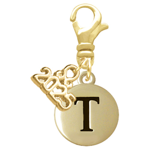 Gold-tone Capital Letter - T - Pebble Disc - Gold-tone Plated Clip on Charm with Mini Year 2025: Year to Remember Jewelry Gift - Celebrations