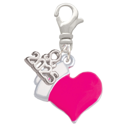 Silver Plated Hot Pink Heart with Nurse Hat - Silver Plated Clip on Charm with Mini Year 2025: Year to Remember Jewelry Gift - Celebrations