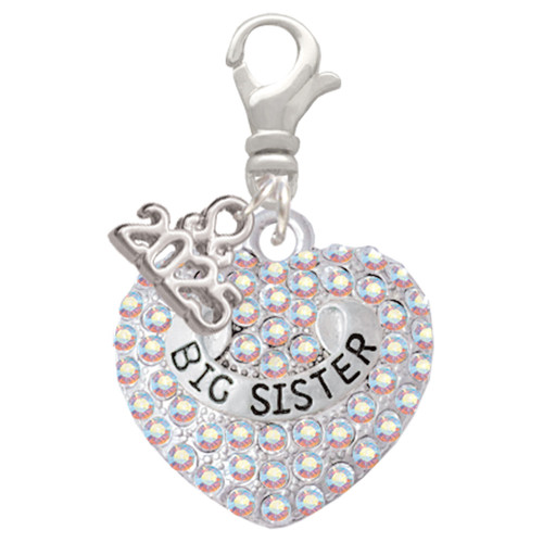 Silver Plated Big Sister Rock on AB Crystal Heart - Silver Plated Clip on Charm with Mini Year 2025: Year to Remember Jewelry Gift - Celebrations
