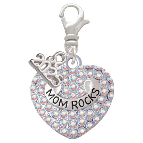 Silver Plated Mom Rocks on AB Crystal Heart - Silver Plated Clip on Charm with Mini Year 2025: Year to Remember Jewelry Gift - Celebrations