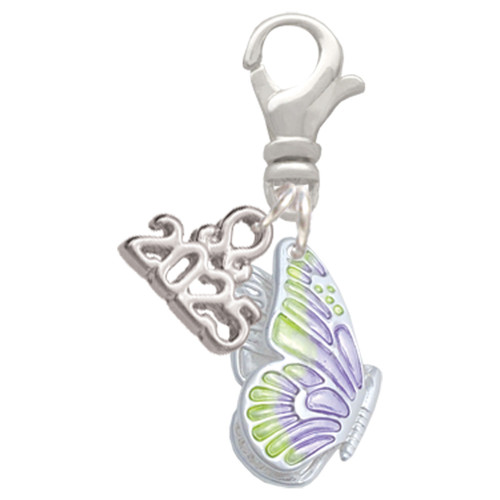 Silver Plated Translucent Purple & Lime Green Flying Butterfly - Silver Plated Clip on Charm with Mini Year 2025: Year to Remember Jewelry Gift - Celebrations