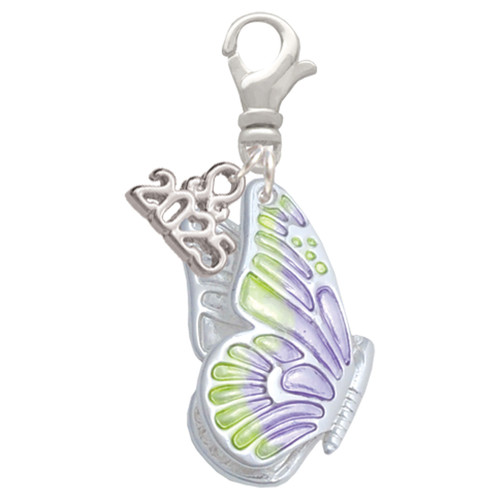 Silver Plated Large Translucent Purple & Lime Green Flying Butterfly - Silver Plated Clip on Charm with Mini Year 2025: Year to Remember Jewelry Gift - Celebrations