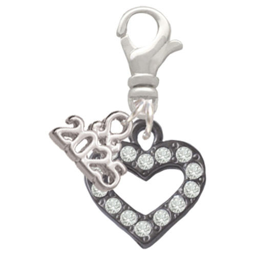 Black Nickeltone Crystal Open Heart - Silver Plated Clip on Charm with Mini Year 2025: Year to Remember Jewelry Gift - Celebrations