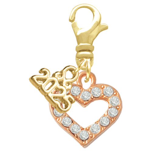 Rose Gold-tone Crystal Open Heart - Gold-tone Plated Clip on Charm with Mini Year 2025: Year to Remember Jewelry Gift - Celebrations
