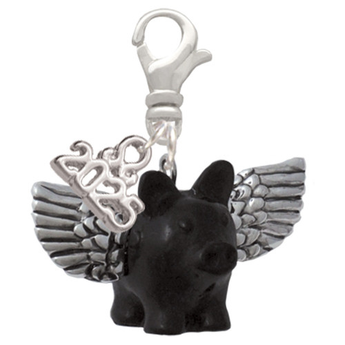 Black Flying Pig with Wings - Silver Plated Clip on Charm with Mini Year 2025: Year to Remember Jewelry Gift - Celebrations