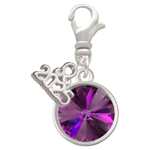 12mm Crystal Rivoli - Purple - Silver Plated Clip on Charm with Mini Year 2025: Year to Remember Jewelry Gift - Celebrations
