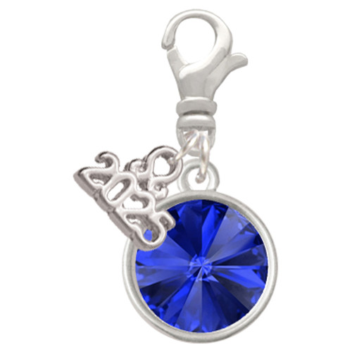 12mm Crystal Rivoli - Blue - Silver Plated Clip on Charm with Mini Year 2025: Year to Remember Jewelry Gift - Celebrations