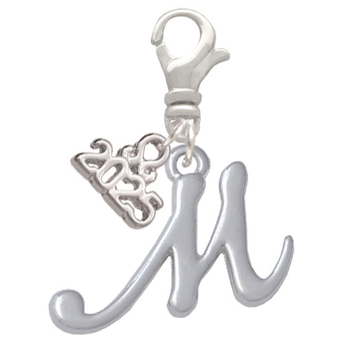 Silver Plated Small Gelato Script Initial - M - Silver Plated Clip on Charm with Mini Year 2025: Year to Remember Jewelry Gift - Celebrations