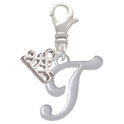 Silver Plated Small Gelato Script Initial - T - Silver Plated Clip on Charm with Mini Year 2025: Year to Remember Jewelry Gift - Celebrations