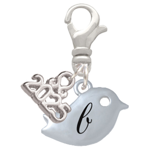 Silver Plated Little Bird Initial - B - Silver Plated Clip on Charm with Mini Year 2025: Year to Remember Jewelry Gift - Celebrations