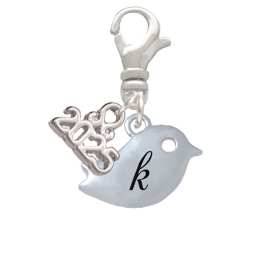 Silver Plated Little Bird Initial - K - Silver Plated Clip on Charm with Mini Year 2025: Year to Remember Jewelry Gift - Celebrations