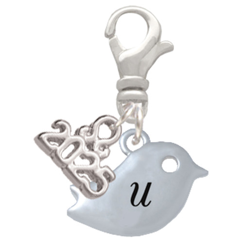 Silver Plated Little Bird Initial - U - Silver Plated Clip on Charm with Mini Year 2025: Year to Remember Jewelry Gift - Celebrations