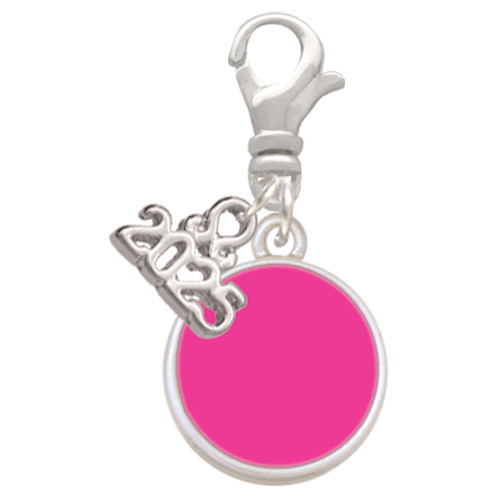 Silver Plated Small Hot Pink Enamel Disc - Silver Plated Clip on Charm with Mini Year 2025: Year to Remember Jewelry Gift - Celebrations