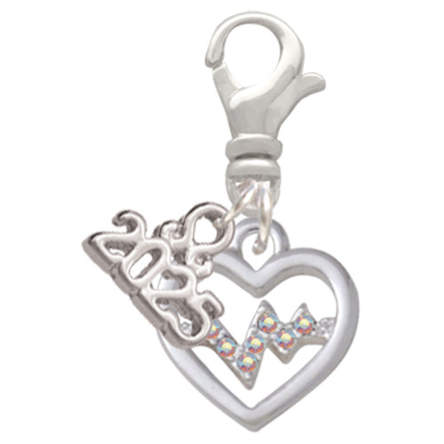 Silver Plated Heart with AB Crystal Heartbeat - Silver Plated Clip on Charm with Mini Year 2025: Year to Remember Jewelry Gift - Celebrations