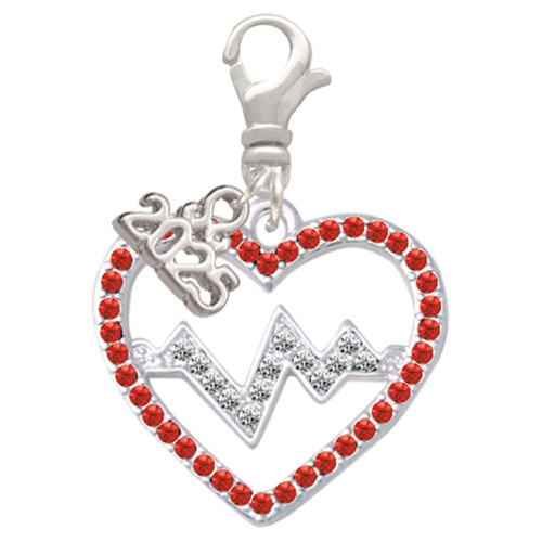 Silver Plated Large Red Crystal Heart with Clear Heartbeat - Silver Plated Clip on Charm with Mini Year 2025: Year to Remember Jewelry Gift - Celebrations