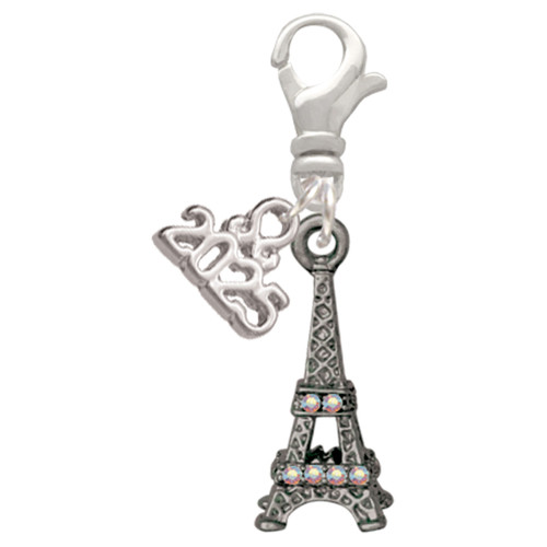 Black Nickeltone AB Crystal Eiffel Tower - Silver Plated Clip on Charm with Mini Year 2025: Year to Remember Jewelry Gift - Celebrations