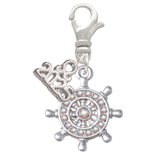 Silver Plated AB Crystal Ship Wheel - Direction - Silver Plated Clip on Charm with Mini Year 2025: Year to Remember Jewelry Gift - Celebrations