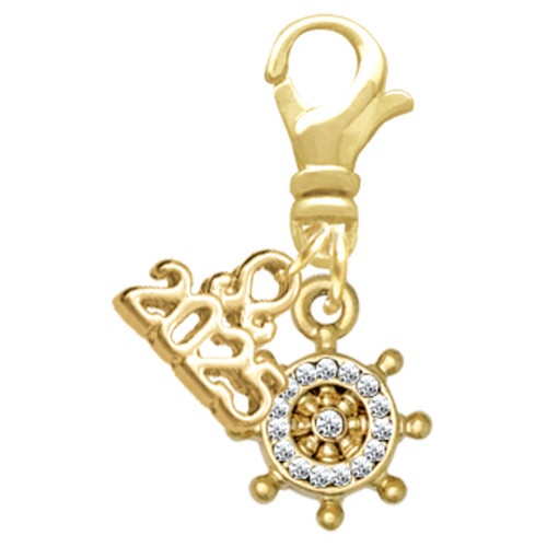 Gold-tone Mini Crystal Ship Wheel - Navigation - Gold-tone Plated Clip on Charm with Mini Year 2025: Year to Remember Jewelry Gift - Celebrations