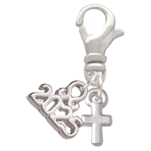 Silver Plated Super Mini Simple Cross - Silver Plated Clip on Charm with Mini Year 2025: Year to Remember Jewelry Gift - Celebrations