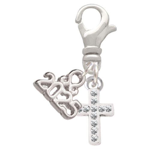 Silver Plated Small White Crystal Cross - Silver Plated Clip on Charm with Mini Year 2025: Year to Remember Jewelry Gift - Celebrations