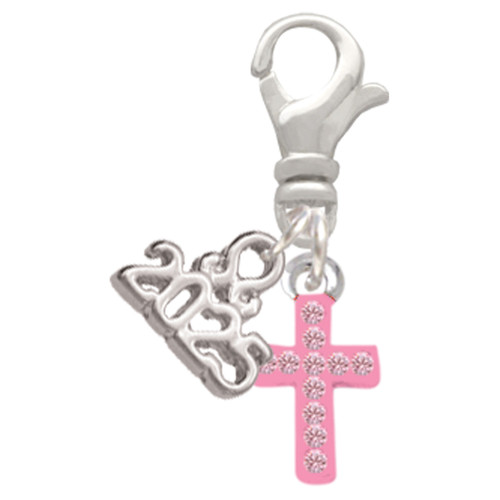 Silver Plated Small Pink Crystal Cross - Silver Plated Clip on Charm with Mini Year 2025: Year to Remember Jewelry Gift - Celebrations