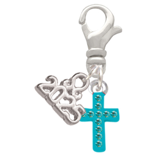 Silver Plated Small Teal Crystal Cross - Silver Plated Clip on Charm with Mini Year 2025: Year to Remember Jewelry Gift - Celebrations