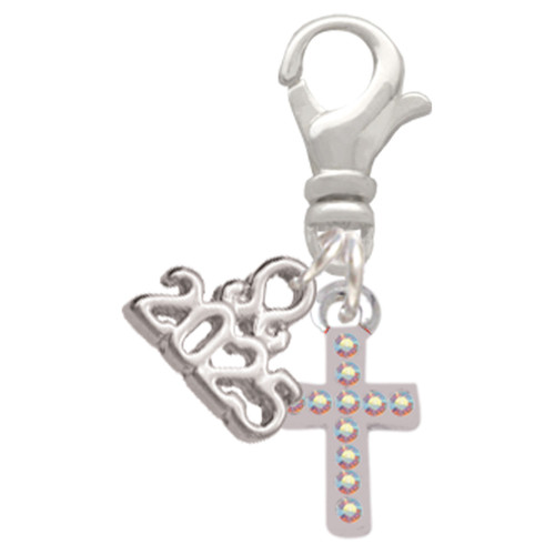 Silver Plated Small AB Crystal Cross - Silver Plated Clip on Charm with Mini Year 2025: Year to Remember Jewelry Gift - Celebrations