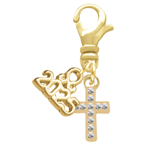 Gold-tone Small Crystal Cross - Gold-tone Plated Clip on Charm with Mini Year 2025: Year to Remember Jewelry Gift - Celebrations