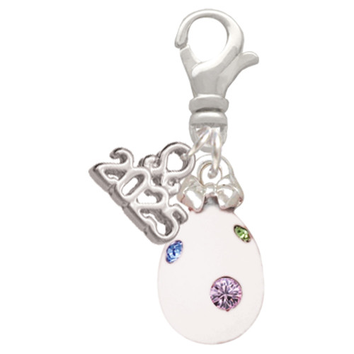 White Easter Egg with Color Crystal Dots - Silver Plated Clip on Charm with Mini Year 2025: Year to Remember Jewelry Gift - Celebrations