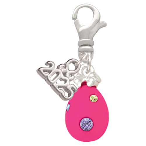 Hot Pink Easter Egg with Color Crystal Dots - Silver Plated Clip on Charm with Mini Year 2025: Year to Remember Jewelry Gift - Celebrations