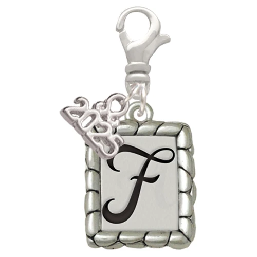 Silver Plated Pebble Border Initial - F - Silver Plated Clip on Charm with Mini Year 2025: Year to Remember Jewelry Gift - Celebrations