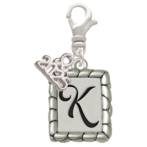 Silver Plated Pebble Border Initial - K - Silver Plated Clip on Charm with Mini Year 2025: Year to Remember Jewelry Gift - Celebrations